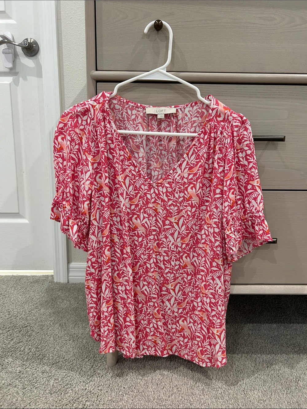 LOFT Pink and White Floral and Bird Print V-Neck Blouse